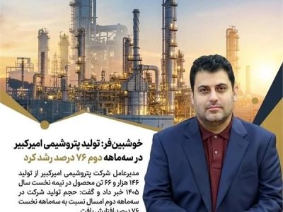 خوشبین‌فر: تولید پتروشیمی امیرکبیر در سه‌ماهه دوم ۷۶ درصد رشد کرد